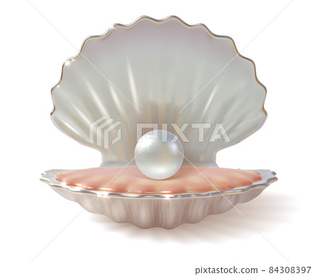 Realistic 3d Detailed Shiny Pearl in Shell Symbol of Luxury Jewelry and Treasure Isolated on a White Background. Vector illustration 84308397