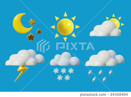 3d Cute Weather Forecast Set Cartoon Style Include of Sun, Cloud, Rain and Snow. Vector illustration 84308404