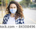 Young woman in medical face protection mask 84308496