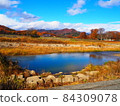 Beautiful autumn river surface, mountains and sky Beautiful autumn river surface, mountains and sky 84309078