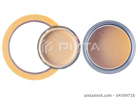 Painters tape and open paint can top view isolated on white background Painters tape and open paint can top view isolated on white background 84309718