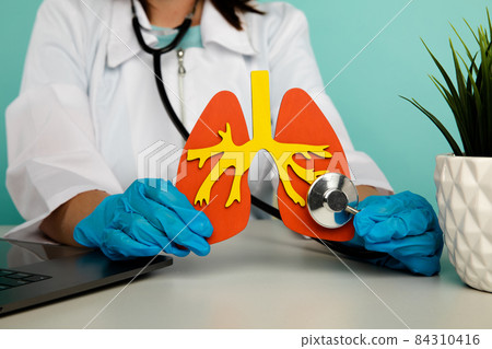 Female doctor in gloves is touching a lung model with a stethoscope at office. The concept is the importance of early diagnostics Female doctor in gloves is touching a lung model with a stethoscope at office. The concept is the importance of early diagnostics 84310416