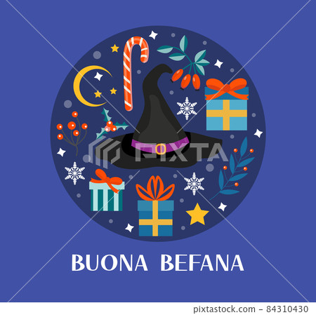 Buona Befana mean happy Epiphany Christmas Tradition in Italy Witch hat and Christmas accessories template for your design. Vector illustration Buona Befana mean happy Epiphany Christmas Tradition in Italy Witch hat and Christmas accessories template for your design. Vector illustration 84310430