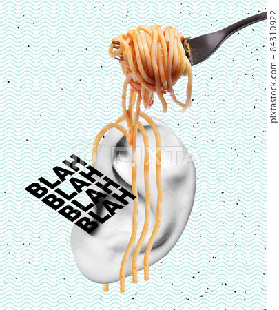 Contemporary art colage of pasta, spaghetti into a fork isolated over ear and white background 84310922