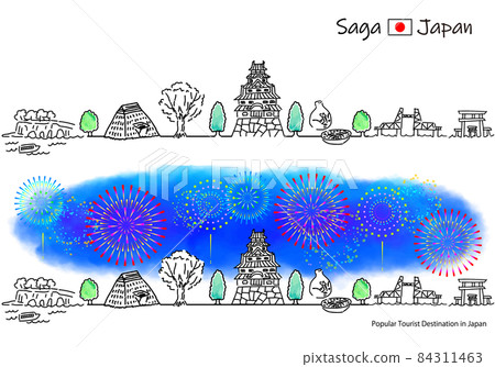 Simple line art set of fireworks and cityscape of sightseeing spots in Saga Prefecture Simple line art set of fireworks and cityscape of sightseeing spots in Saga Prefecture 84311463