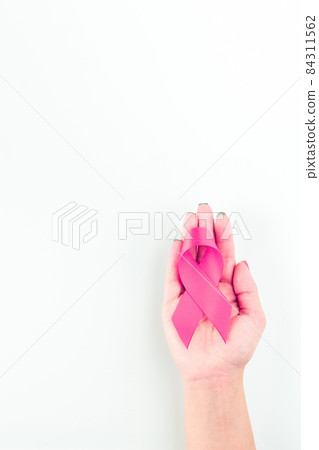 Cancer ribbon. Woman hands holding health care symbol pink ribbon on white background. Breast cancer support concept. World cancer day. Cancer ribbon. Woman hands holding health care symbol pink ribbon on white background. Breast cancer support concept. World cancer day. 84311562