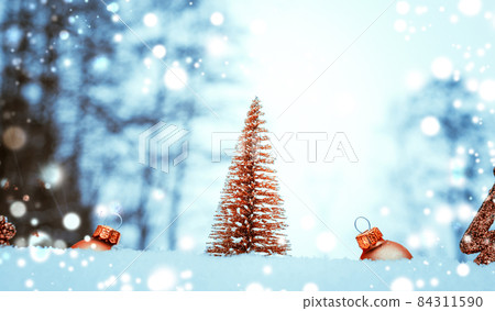 New year decorations. Christmas holiday tree, golden balls in new year ornament decoration on white winter snow. Merry xmas holiday card pattern. New year decorations. Christmas holiday tree, golden balls in new year ornament decoration on white winter snow. Merry xmas holiday card pattern. 84311590