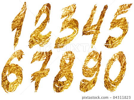 Golden foil ragged arabic numerals on white background. Golden foil ragged arabic numerals on white background. 84311823