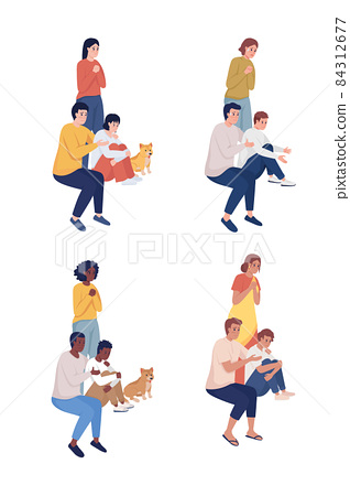 Stressed family members with pet semi flat... - Stock Illustration  [84312677] - PIXTA