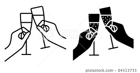 Linear icon. Glasses with festive sparkling champagne in hands. Cheers with glasses at New Year table. Simple black and white vector isolated on white background Linear icon. Glasses with festive sparkling champagne in hands. Cheers with glasses at New Year table. Simple black and white vector isolated on white background 84313733