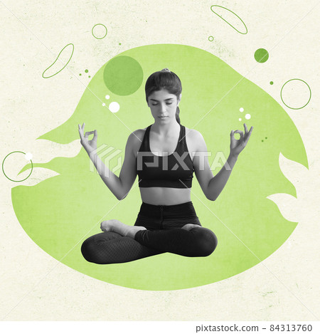 Contemporary art collage of calm woman practising yoga, sitting in lotus pose and meditating isolated over green background 84313760