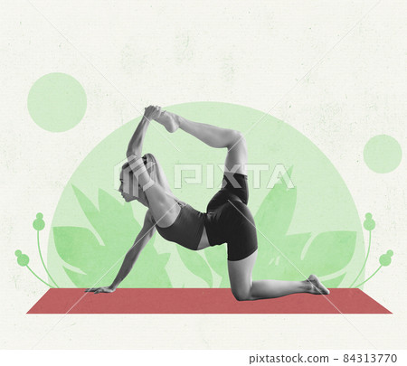Contemporary art collage of young sportive woman doing yoga exercises, stretching on rug isolated over green background Contemporary art collage of young sportive woman doing yoga exercises, stretching on rug isolated over green background 84313770