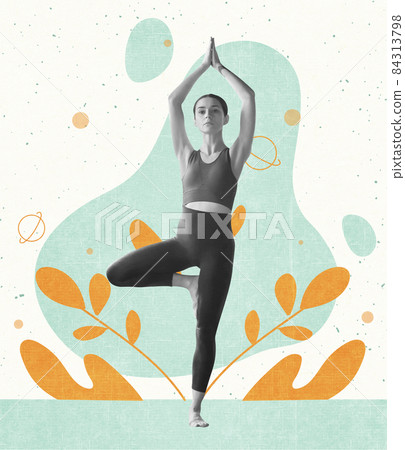 Contemporary art collage of young woman standing in tree yoga pose isolated over white background with drawn elements 84313798