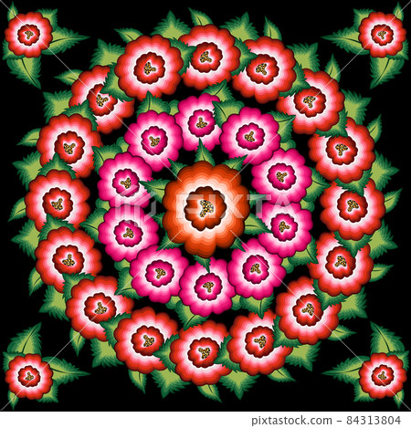 Mexican floral embroidery pattern, ethnic colorful Mandala native flowers folk fashion design. Embroidered Traditional Textile Style of Mexico, vector isolated on black background Mexican floral embroidery pattern, ethnic colorful Mandala native flowers folk fashion design. Embroidered Traditional Textile Style of Mexico, vector isolated on black background 84313804