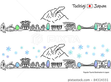 Cityscape simple line drawing set of sightseeing spots in Tochigi prefecture in winter 84314331