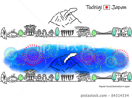 Simple line art set of fireworks and cityscape of sightseeing spots in Tochigi prefecture Simple line art set of fireworks and cityscape of sightseeing spots in Tochigi prefecture 84314334