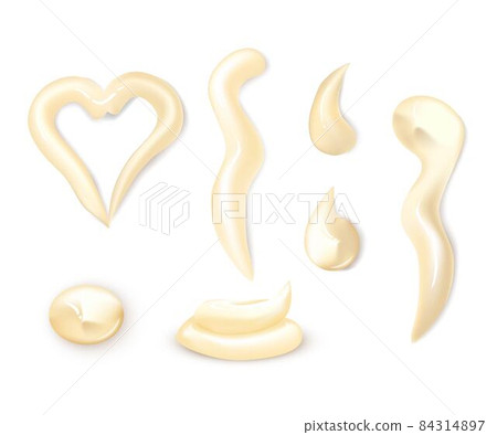 Mayonnaise sauce in different dips, swirls and drips set. Tasty creamy dressing of mayo vector illustration. Portions of various shapes of gourmet seasoning isolated on white background 84314897