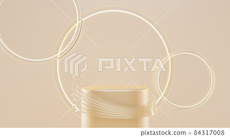 Abstract geometric stage or podium with clear cylindrical frames and glass glowing rings on beige nude background. Blank pedestal, platform or showcase for beauty product display cosmetics, 3d render 84317008