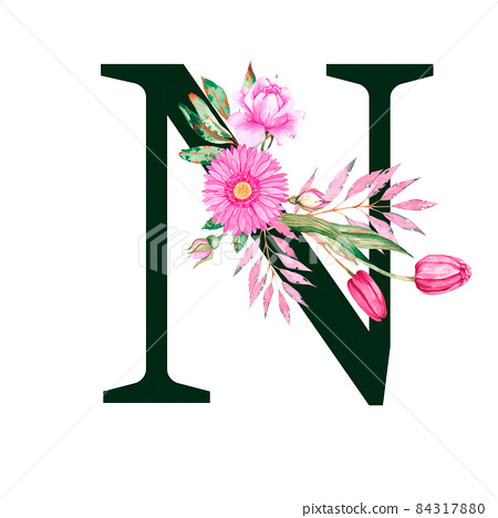 Watercolor letter with pink flowers N - Stock Illustration [84317880 ...