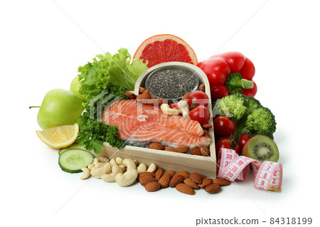 Healthy nutrition accessories isolated on white background Healthy nutrition accessories isolated on white background 84318199