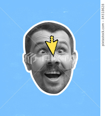 Contemporary art collage of man's head with joyful facial expression and yellow cursor isolated over blue background Contemporary art collage of man's head with joyful facial expression and yellow cursor isolated over blue background 84318628
