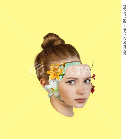 Contemporary art collage of beautiful young tender girl with blooming face part elements isolated over yellow background Contemporary art collage of beautiful young tender girl with blooming face part elements isolated over yellow background 84318662