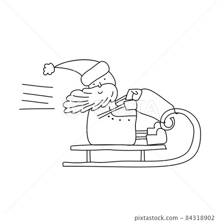 Cute vector monoline Santa Claus riding in his Christmas Sleigh or Sled Black and White Hand drawn doodle scandinavian baby illustration greeting card, poster. Coloring for Children 84318902