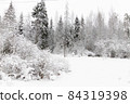 Winter snow forest with frozen snowy trees. 84319398