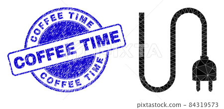 Scratched Coffee Time Round Stamp And Electrical Cord Low-Poly Icon 84319573