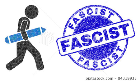 Distress Fascist Round Watermark and Pencil Courier Low-Poly Icon 84319933