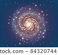 Magic spiral galaxy with neon glowing stars over deep dark space illustration in vector. Fantasy digital artwork with planets, stars as swirl bright plasma. 84320744
