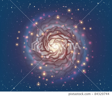 Magic spiral galaxy with neon glowing stars over deep dark space illustration in vector. Fantasy digital artwork with planets, stars as swirl bright plasma. Magic spiral galaxy with neon glowing stars over deep dark space illustration in vector. Fantasy digital artwork with planets, stars as swirl bright plasma. 84320744