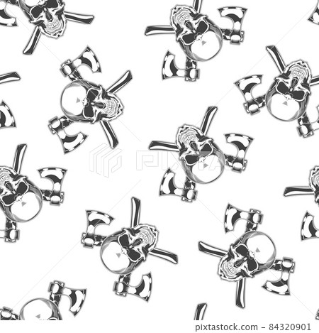 Seamless pattern of vintage monochrome skull and crossed axes. Vector illustration 84320901