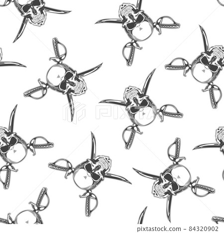 Seamless pattern of vintage monochrome skull and crossed sabers. Vector illustration 84320902