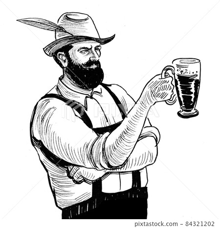 German Bavarian man drinking a mug of beer. Ink black and white drawing 84321202