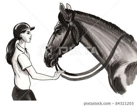 Horse and female jockey. Ink black and white drawing Horse and female jockey. Ink black and white drawing 84321203