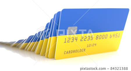 Line of fallen credit cards with flags of Ukraine on white background, 3d rendering 84321388