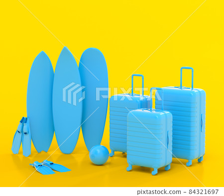 Suitcase with beach ball and surf board on monochrome yellow background. 3D render of summer vacation concept and holidays 84321697