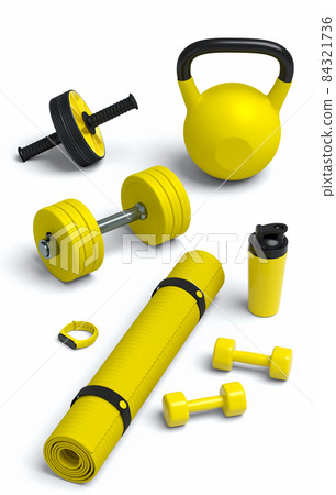 Isometric view of sport equipment like yoga mat, dumbbell and smart watches on white background. 3d render of power lifting and fitness concept 84321736