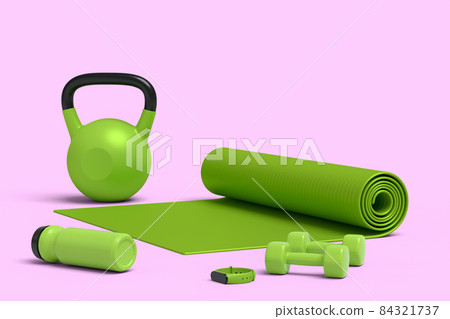 Isometric view of sport equipment like yoga mat, dumbbell, water bottle and smart watches on pink background. 3d render of power lifting and fitness concept Isometric view of sport equipment like yoga mat, dumbbell, water bottle and smart watches on pink background. 3d render of power lifting and fitness concept 84321737