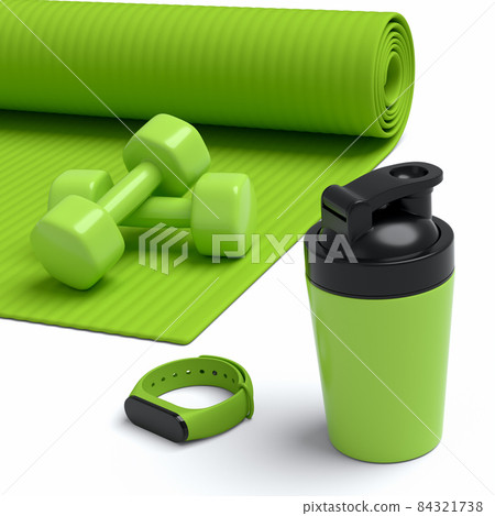 Isometric view of sport equipment like yoga mat, dumbbell, water bottle and smart watches on white background. 3d render of power lifting and fitness concept Isometric view of sport equipment like yoga mat, dumbbell, water bottle and smart watches on white background. 3d render of power lifting and fitness concept 84321738