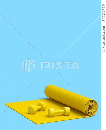 Isometric view of sport equipment like yaoga mat and dumbbell on blue background. 3d render of power lifting and fitness concept Isometric view of sport equipment like yaoga mat and dumbbell on blue background. 3d render of power lifting and fitness concept 84321739