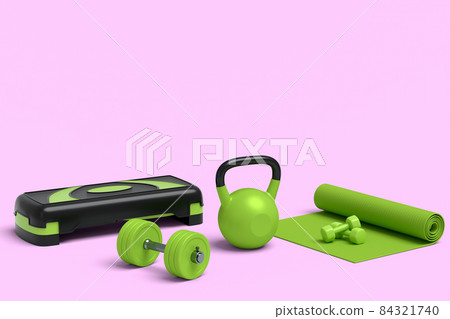 Isometric view of sport equipment like yoga mat, dumbbell and stepper on pink background. 3d render of power lifting and fitness concept Isometric view of sport equipment like yoga mat, dumbbell and stepper on pink background. 3d render of power lifting and fitness concept 84321740