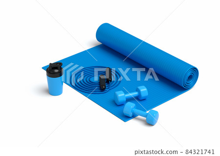 Isometric view of sport equipment like yoga mat, dumbbell and smart watches on white background. 3d render of power lifting and fitness concept Isometric view of sport equipment like yoga mat, dumbbell and smart watches on white background. 3d render of power lifting and fitness concept 84321741
