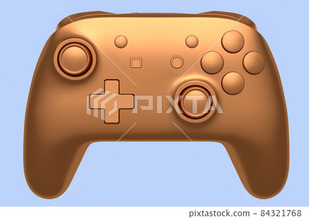 Realistic bronze video game joystick on blue background. 3D rendering of streaming gear for cloud gaming or concept of champion and winner awards Realistic bronze video game joystick on blue background. 3D rendering of streaming gear for cloud gaming or concept of champion and winner awards 84321768