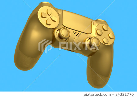 Realistic gold video game joystick on blue background. 3D rendering of streaming gear for cloud gaming or concept of champion and winner awards Realistic gold video game joystick on blue background. 3D rendering of streaming gear for cloud gaming or concept of champion and winner awards 84321770