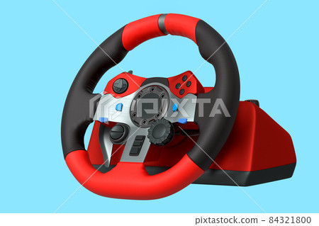 Realistic leather steering wheel isolated on a blue background. 3D rendering of streaming gear for cloud gaming and racing or gamer workspace concept 84321800