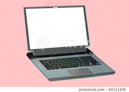 3d rendering of modern silver gaming laptop with rgb lights isolated on pink background. Concept of computer and cloud gaming 84321806
