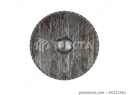 Old wooden round shield isolated on white background with clipping path 84322261