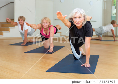 Mature women exercising hands and knees balance 84323791